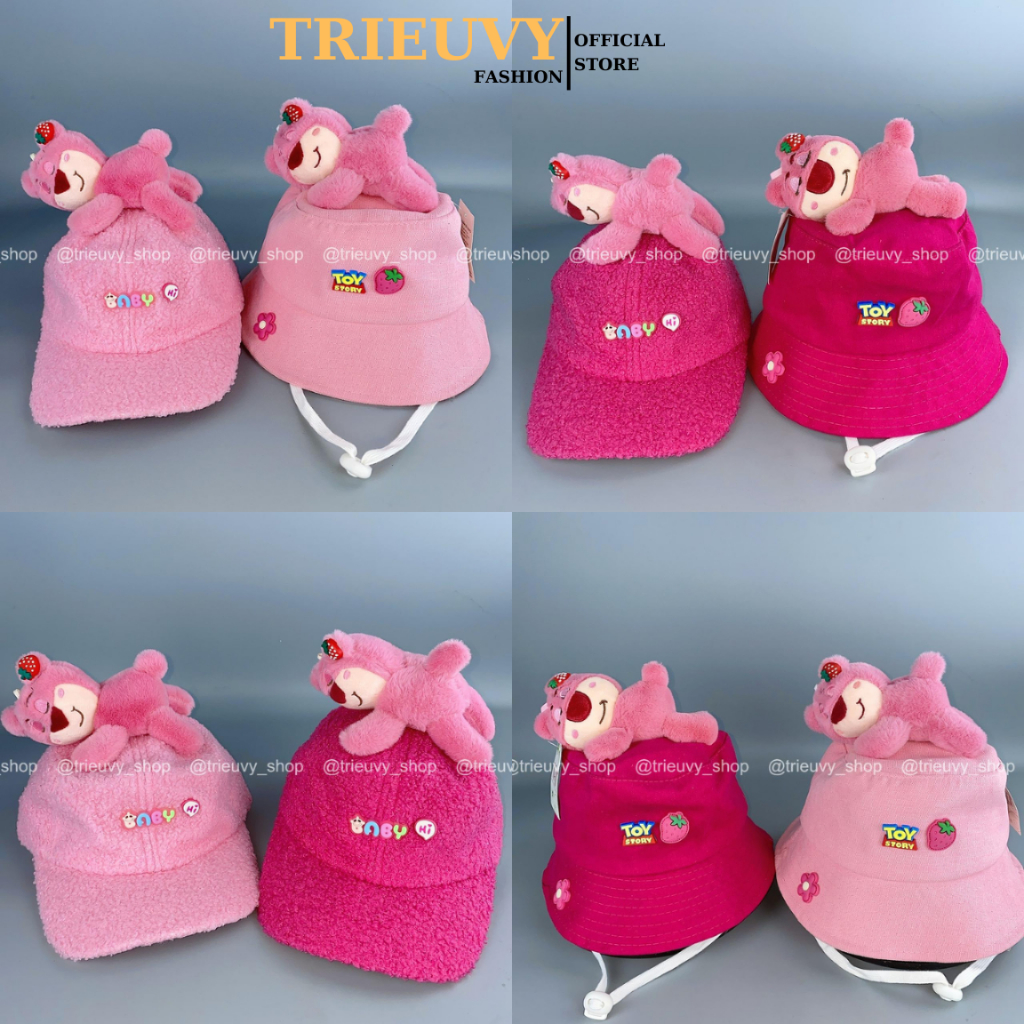 [Set cặp 2c] Nón bucket/mũ lưỡi trai trẻ em 50-52cm chất lông lotso gấu hồng nằm set combo cho bé ND