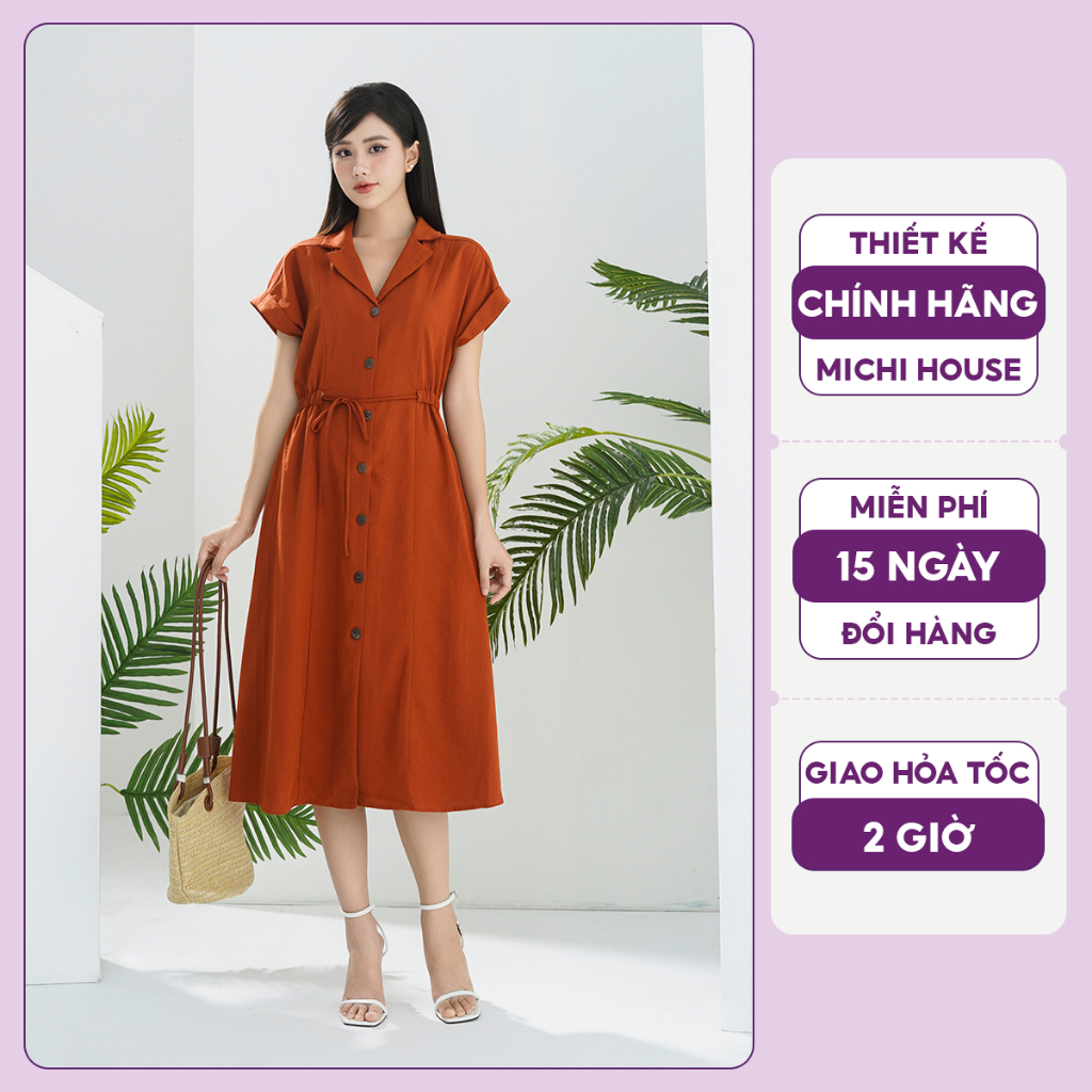 Đầm Suông Công Sở Michi House Váy Xuông Cổ Vest Thanh Lịch Dáng Dài Qua Gối Freesize Bầu Mặc Xinh V640