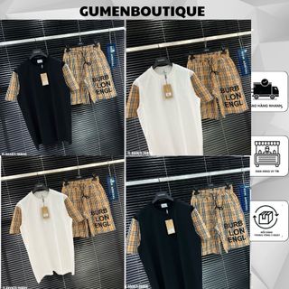 Bộ quần áo cộc nam bbr trơn phối kẻ ống tay in chữ trên quần - bộ cộc nam bbr cổ tròn in chữ kẻ caro