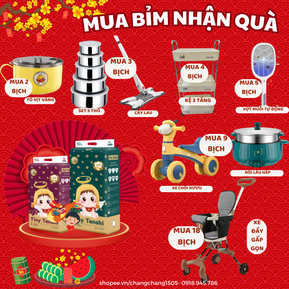Bỉm Tiny Tenshi thiên thần 50 miếng đủ size cho bé từ NB-5XL có quà tặng