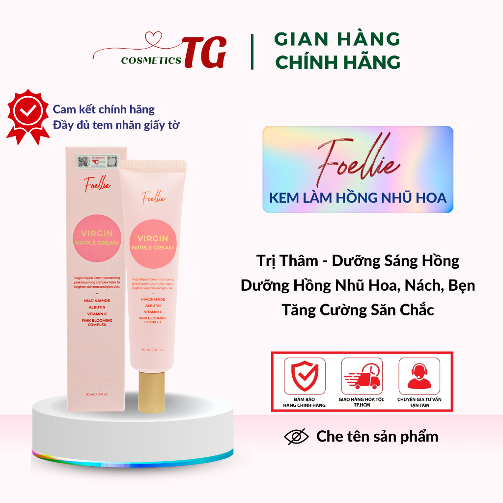 Kem Làm Hồng Nhũ Hoa Vùng Kín Hàn Quốc FOELLIE VIRGIN NIPPLE CREAM Khử Thâm Dưỡng Sáng Hồng Hiệu Quả 30ml