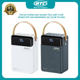  Sạc dự phòng 80000mAh Remax RPP-566 sạc nhanh QC 22.5W và PD 20W kèm sẵn 2 cáp sạc có đèn pin sạc Aifon 15 16  2 màu  