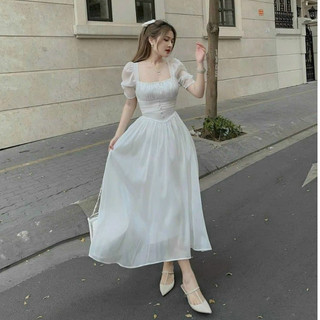 Đầm voan ánh tơ hai màu đầm trắng xanh kiểu đầm tiểu thư tay phồng cổ vuông có mút ngực và lót trong FH100