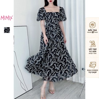 Đầm Maxi MIMIX Hoa Cổ Vuông Tay Bí Phối Nút Bọc Chất Tơ Gân IC 3 Màu Nữ Tính DP2220