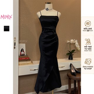Đầm body MIMIX tiệc trơn 2 dây xếp ly eo vạt xẻ sang trọng DK0215