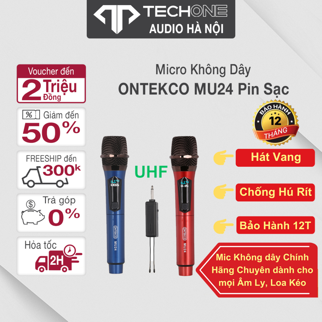 Micro Karaoke ONTEKCO MU24 không dây UHF cao cấp, hiển thị tần số, chuyên dụng cho loa kéo và amply