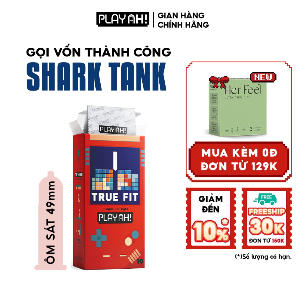 Bao Cao Su PlayAh True Fit Ôm Sát Hộp 10 size 49mm, vừa vặn, size nhỏ
