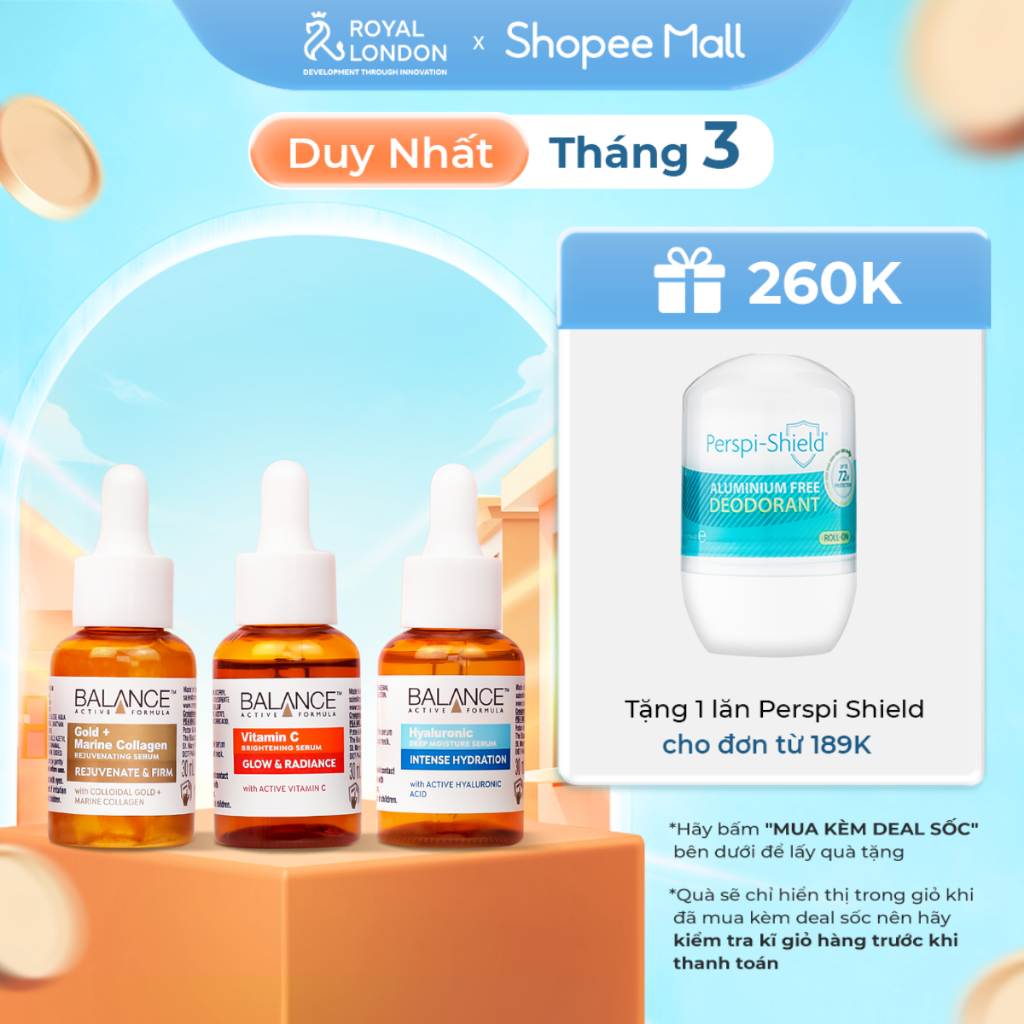 Bộ 03 serum sáng da, dưỡng ẩm và ngăn ngừa lão hóa Balance Active Skincare The Mighty Three (3x30ml)