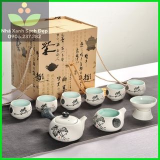 Bộ ấm pha trà sơn thủy 10 món- bộ ấm chén pha trà có hộp làm quà tặng, Bộ Ấm Trà men tuyết, Bộ ấm trà sứ hoa sen