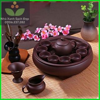 Bộ ấm chén pha trà tử sa Nghi Hưng 8 chén kèm khay tròn- bộ ấm trà đạo cao cấp sang trọng