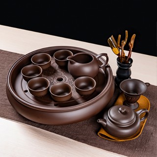 Bộ ấm chén pha trà tử sa Nghi Hưng 8 chén kèm khay tròn- bộ ấm trà đạo cao cấp sang trọng