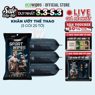 Combo 03 gói khăn ướt làm mát cơ thể Sport EcoWipes gói 25 tờ hương bạc hà mát lạnh tỉnh táo