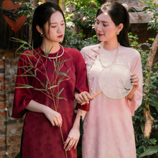  Áo dài Thanh Chi lụa gấm hoa tay lỡ cổ tròn Cây Leo Design nhẹ nhàng sang chảnh 