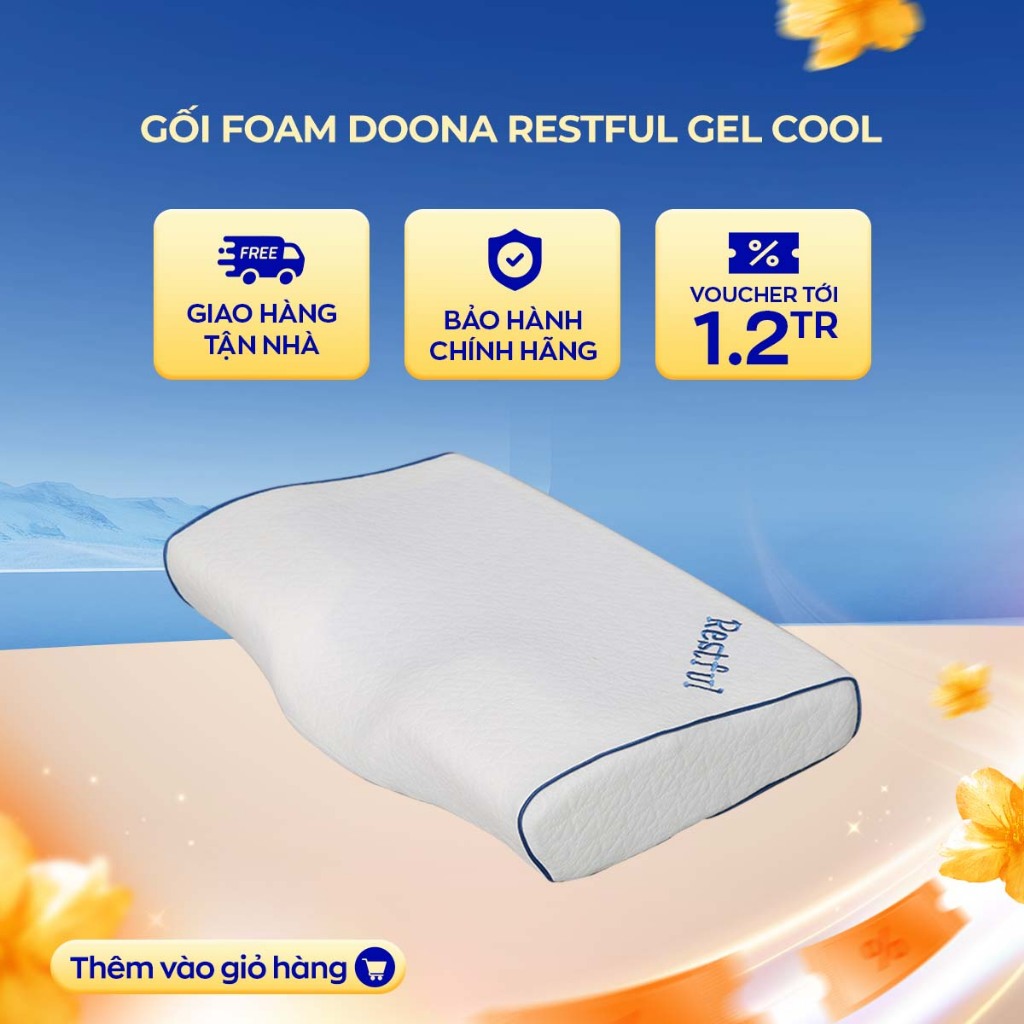 Gối memory foam Doona Restful Cool Gel 55x35cm mát lạnh tức thì, ôm sát nâng đỡ, định hình cổ vai gáy