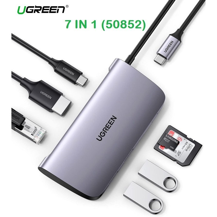 Bộ chia Hub USB type C 7 in 1 Ugreen 50852 Chính Hãng CM212 - Type C to HDMI 4K - Lan Gigabit + 2USB