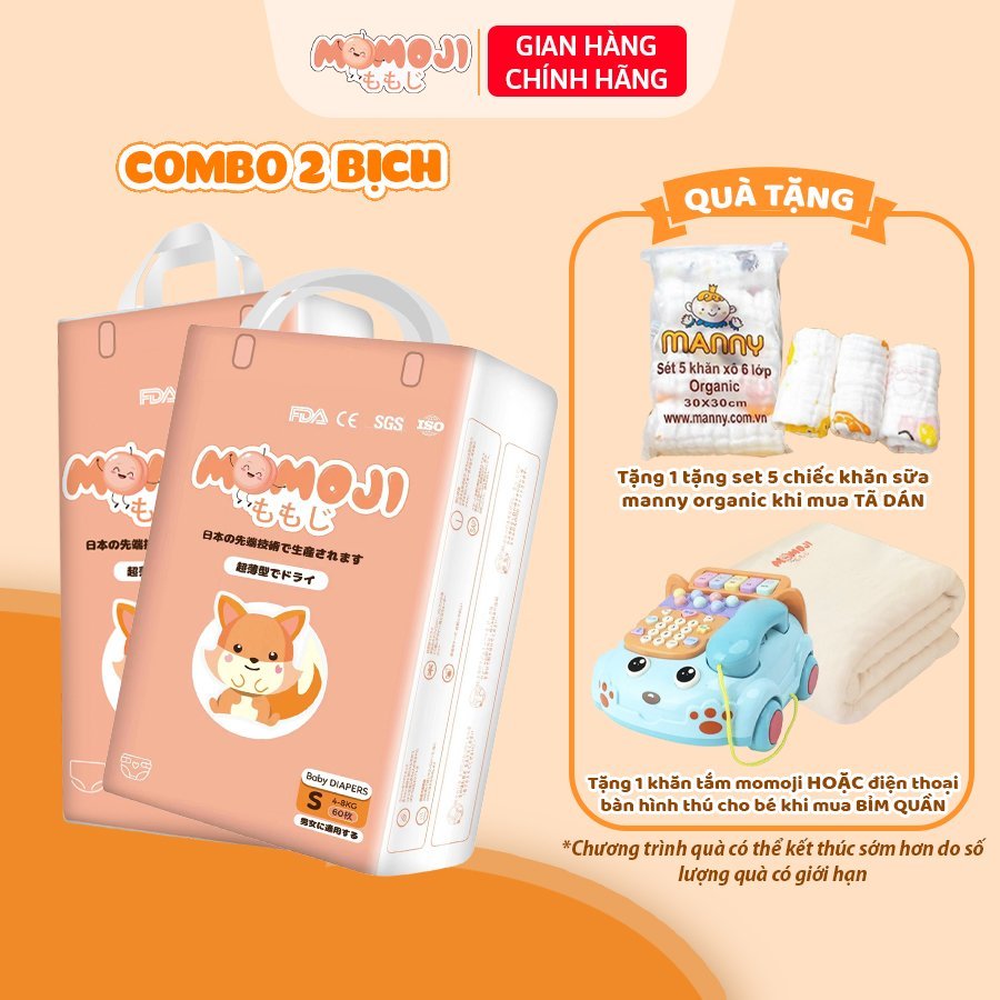  Combo 2 Bịch Bỉm Momoji Siêu Thấm Hút NB64/S60/M56/L54/XL50/XXL48