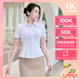 Áo Sơ Mi Cổ Đức Cộc Tay Xếp Eo Xòe UKSM2309016 NK Fashion Công Sở Nữ, Cực Hack Dáng, Thanh Lịch, Thiết Kế Hàn Quốc