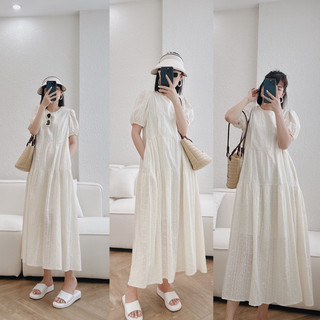 Petbychang - Váy thô boi ren nổi dáng suông tầng ngắn tay, phom suông rộng, dáng dài, tone màu be rất xinh