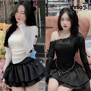 Áo Croptop Dáng Ôm Tay Dài Lệch Vai Tay đính Nơ , Áo lưới lệch vai tay dài đính nơ vạt nhọn RYSO