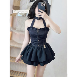 Set áo jean choker phối chân váy tầng