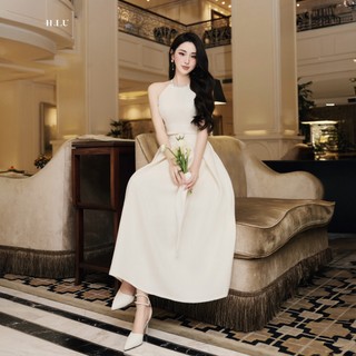 Váy nữ dự tiệc cổ yếm dáng dài Milan Dress H.I.U Fashion , thiết kế sang vải text hàn vân trắng kem cao cấp HIU design