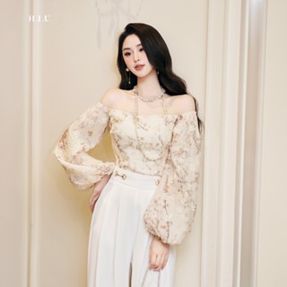  Gahi Top | Áo cup nữ trễ vai tay bồng H.I.U Fashion | cách điệu thiết kế Voan tơ đính hoa nổi cao cấp HIU design 