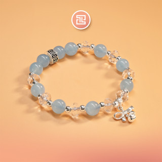 TINH LÂM Vòng Tay Phong Thủy Đá Aquamarine 8 Li - Charm Bạc Nơ