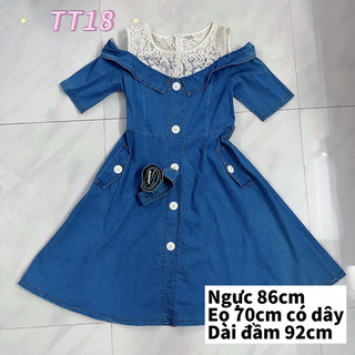 Đầm jeans xoè tay ngắn phối ren cao cấp