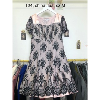 Đầm si tuyển 2hand cộc tay, vải lụa màu hồng hoa văn ren, form rộng