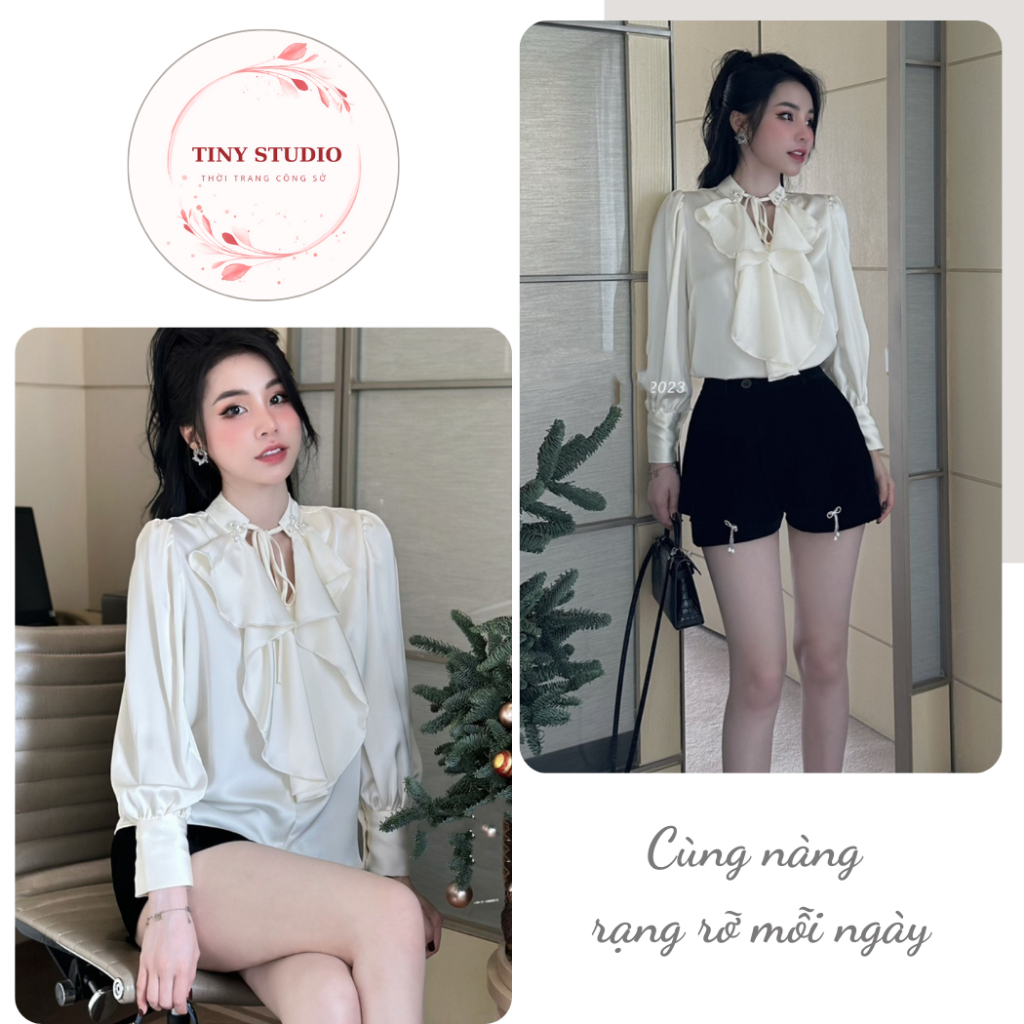 Áo Sơ Mi Lụa Thiết Kế Bèo Sang Chảnh,Áo Sơ Mi Lụa Công Sở Phối Viền Bèo Dài Tay - Tiny Studio