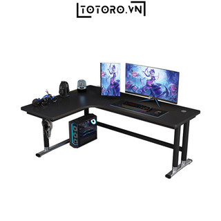 Bàn làm việc chữ L bo góc, mặt bàn phủ gỗ MDF phủ carbon chống xước, có cổng sạc, treo tai nghe