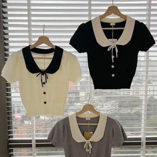 Áo len mỏng cộc tay cổ màu buộc nơ