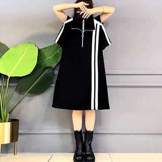 Váy polo dáng suông cổ khóa phối sọc trắng trẻ trung, đầm thun dáng dài phong cách Hàn Quốc, đầm suông phối khóa