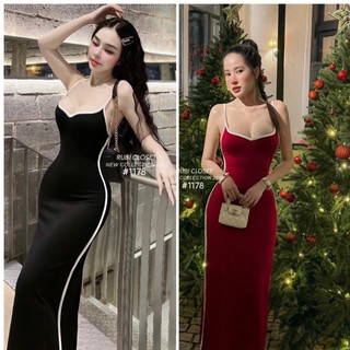 Đầm body hai dây phối viền trắng dáng dài sẵn mút ngực siêu sexy freesize