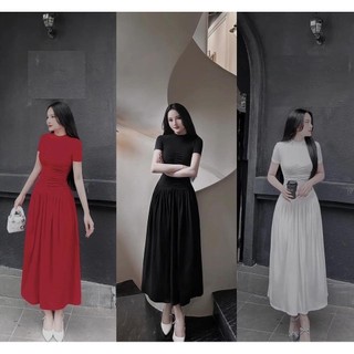 Đầm xoè cổ tròn tay ngắn nhúm eo dáng dài nữ tính nhẹ nhàng