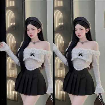 áo kiểu trễ vai vải xốp lụa thắt nơ đen