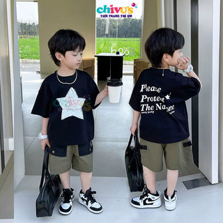set bé trai, đồ bộ bé trai chất cotton kèm quần sooc phối túi xịn xò cho bé đi học đi chơi
