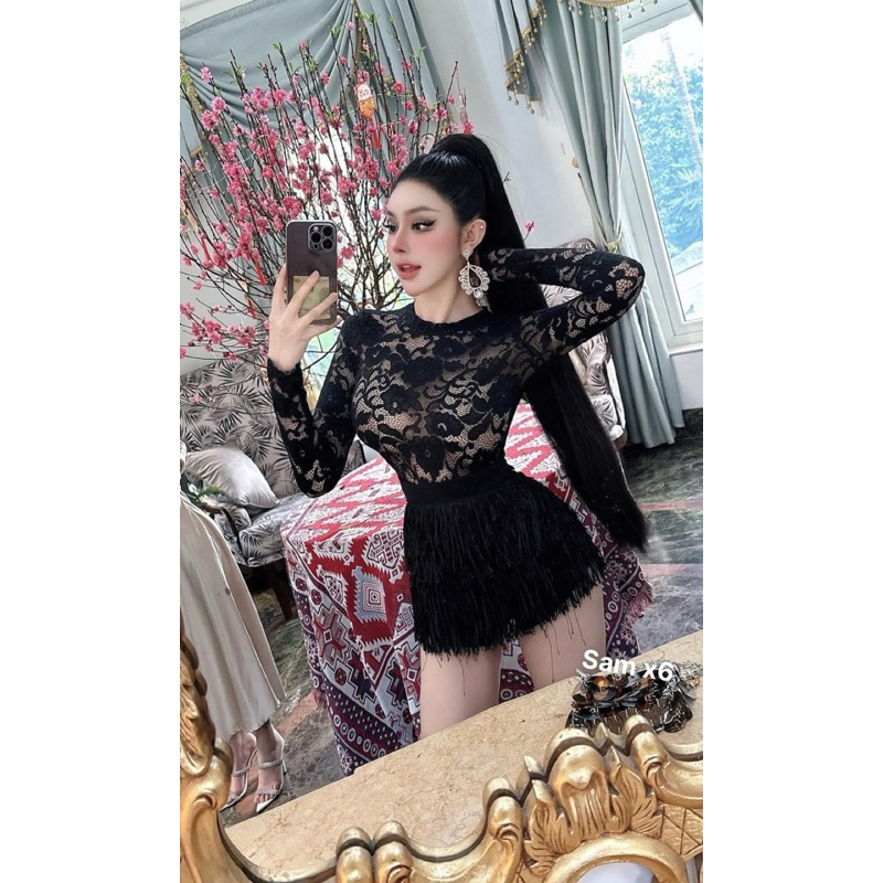 Set bôn jum đi tiệc áo ren một lớp sexy chân váy lông siu đẹp