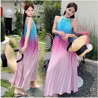 Váy Đi Biển Du Lịch Nữ MiDi Xếp Ly Màu Loang Ombre Đi Biển Du Lịch Chụp Hình Sống Ảo
