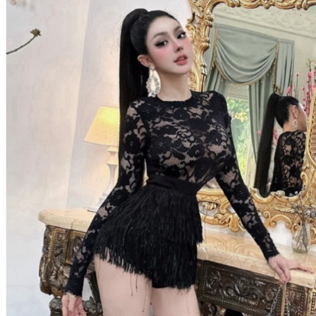 Bộ đầm jum áo ren mỏng sexy chân váy lông siêu sang