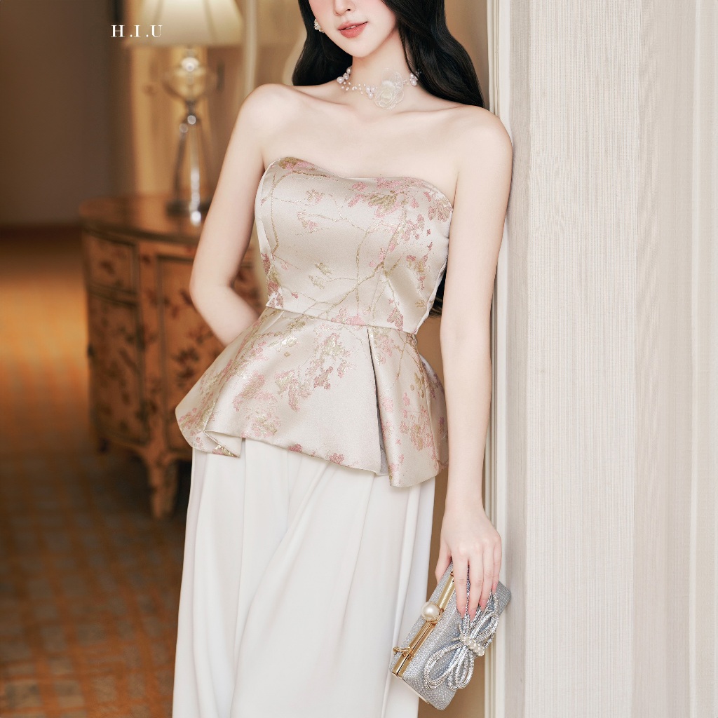 Áo cup ngực nữ thiết kế chiết eo cao cấp Abie Top H.I.U Fashion , thiết kế vải gấm vân hoa ánh nhũ sang trọng HIU design