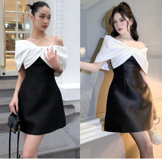 Váy Đen Trễ Vai DANSOOSTORE Đầm Thiết Kế Phối Nơ Trắng Dáng Xoè Đi Tiệc Sang Trọng, Thanh Lịch NT15