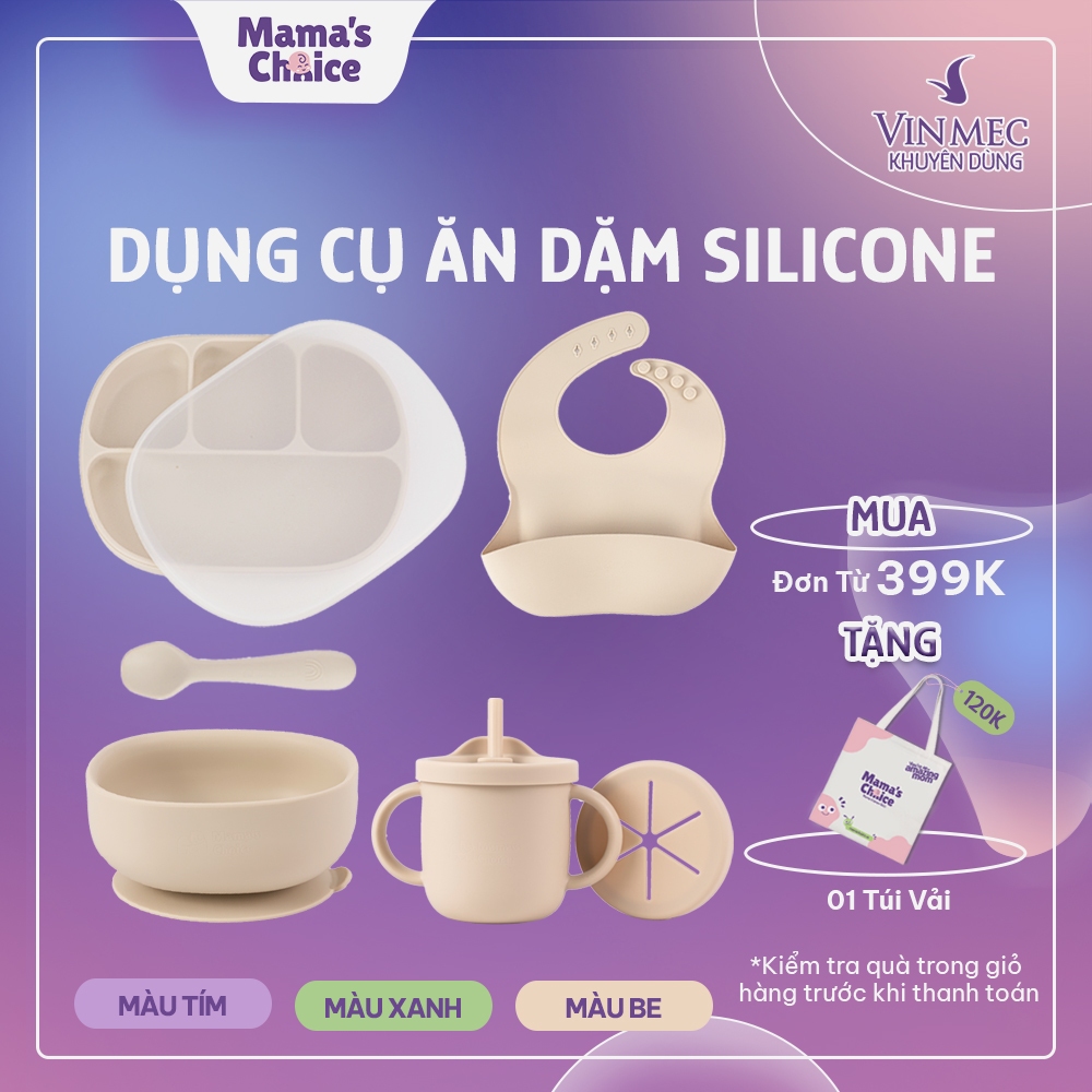 Bộ Ăn Dặm Cho Bé Thương Hiệu Mama's Choice, Combo Bát-Khay-Yếm-Thìa-Cốc Silicone Cao Cấp