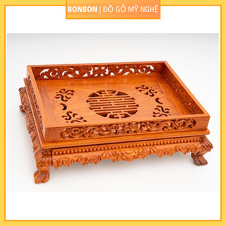 Khay trà chân quỳ gỗ hương, Bàn trà gỗ hương, Khay trà rồng chầu gỗ hương đục trạm tinh xảo sắc nét