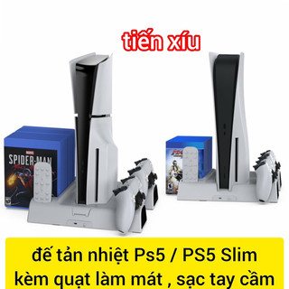 Đế dựng máy game Ps5/ PS5 Slim có quạt làm mát, sạc tay cầm đế tản nhiệt ps5 stand cooling charging station