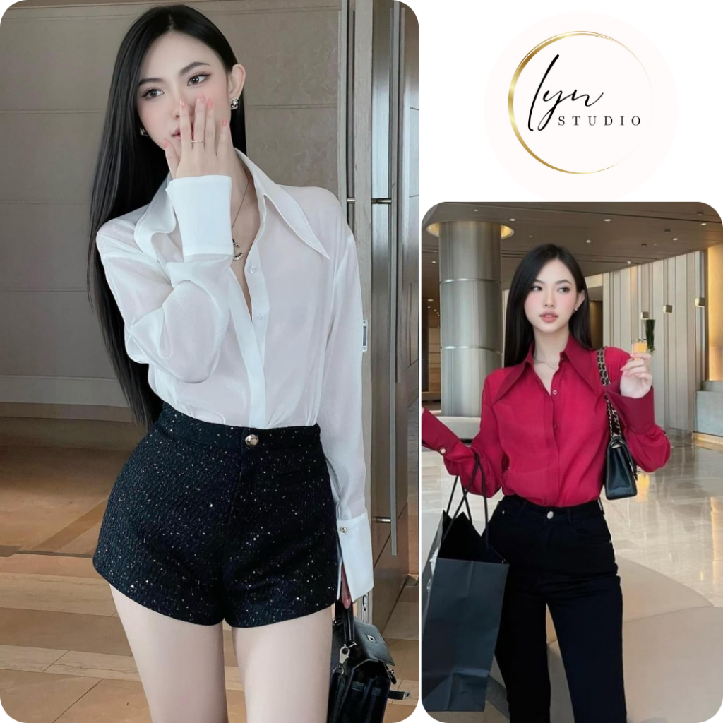 Áo sơ mi Voan Tơ Cổ Nhọn Basic Màu Trắng , Đỏ Sang Chảnh - Lyn Studio