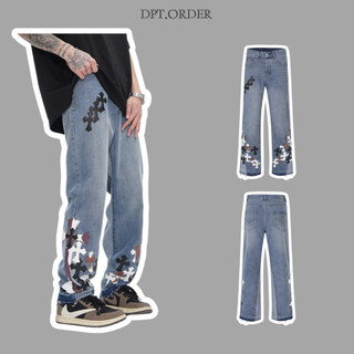 Quần jeans Hoạ Tiết Thêu Da Vintage cross loose straight jeans