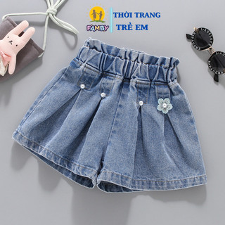 Quần sooc jean bé gái FAMBY xếp ly đính ngọc tạo kiểu giả váy trẻ em 2 đến 8 tuổi