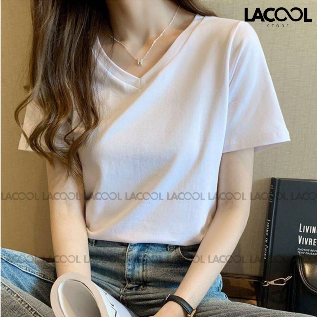 Áo Phông Nữ Cổ Tim Ngắn Tay LACOOL Dáng Suông Chất Cotton Basic Cao Cấp Co Giãn 4 Chiều Cổ Chữ V Duyên Dáng 8 Màu LA07 | BigBuy360 - bigbuy360.vn