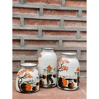 Lọ hoa vẽ lá combo 3 lọ, set 3 bình hoa gốm sứ bát tràng